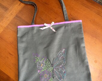 Shopping bag embroidered canvas butterfly flower.