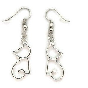 “Stylized Cats” pendant earrings in silver metal, gift