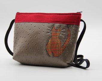 Red and taupe cat shoulder bag