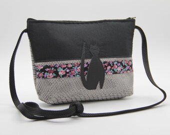 Gray and black cat shoulder pouch