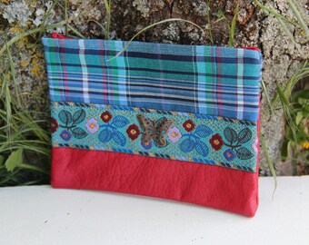 Red / butterfly blue textile pouch