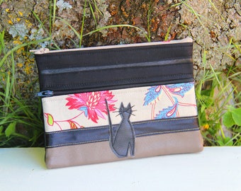 Black textile pouch / taupe double zip cat