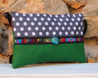 Green and grey shoulder strap pouch with white polka dots