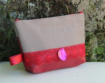 Red / beige textile pencil case