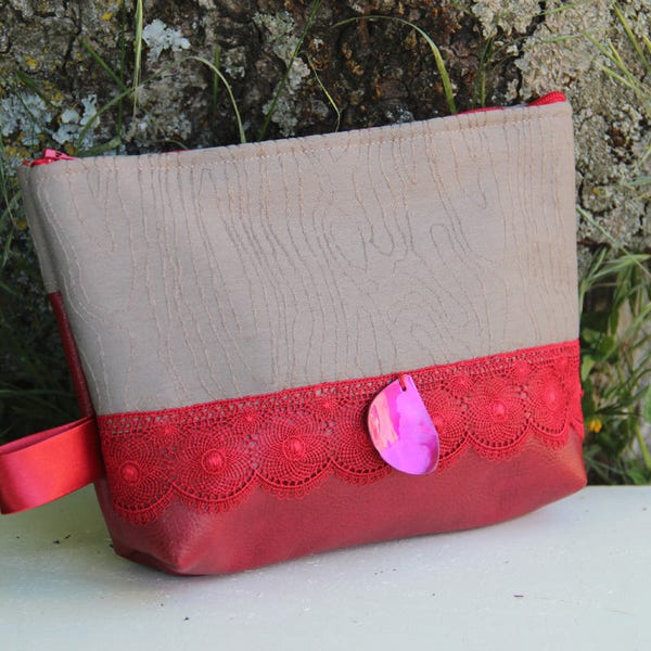 Trousse textile rouge / beige