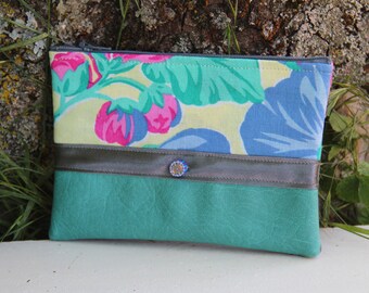 Water green / floral grey textile pouch