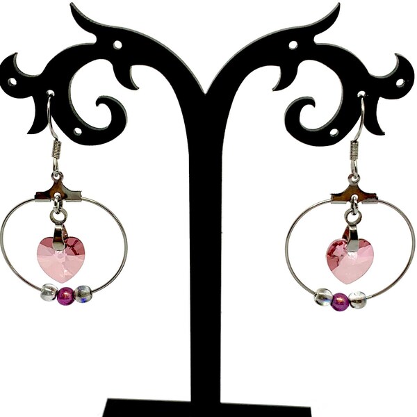 Boucles d'oreilles anneaux, créoles argent coeur Swarovski rose antique, bijoux cristal Swarovski, acier inoxydable, bijoux hypoallergénique