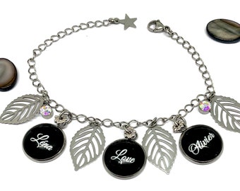 Armband personalisierter Name schwarzes Silberarmband Anhänger und Cabochon, personalisiertes Frauengeschenk, personalisierter Schmuck, Mama Armband