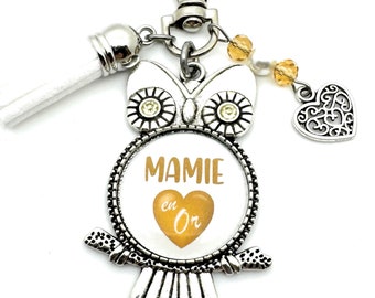 Porte clé MAMIE, Mamie en Or, bijoux de Sac, porte clé Chouette Mamie, cadeau fête des grand-mères