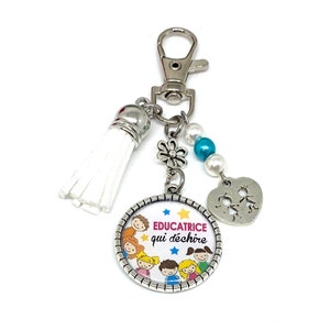 Porte clés éducatrice qui déchire, bijoux de sac pompon perles cadeau école fin d'année scolaire