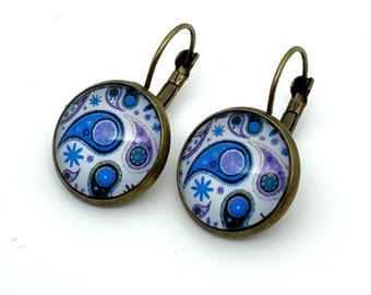 Boucles d'oreilles dormeuses cabochon en verre motif cachemire bleu, cadeau femme, fille