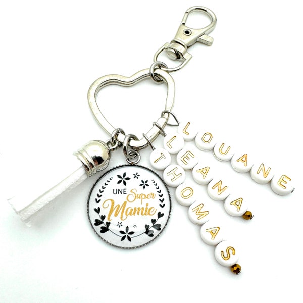 Porte clés Super Mamie personnalisé avec prénoms perles alphabets cadeau personnalisé Mamie fête des grand-mères