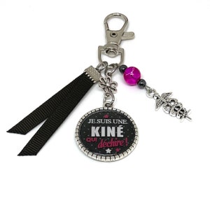 I&#39;m a kick-ass physiotherapist keyring, bag jewelry, physiotherapist gift, hematite beads, ribbon, caduceus