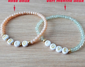 Bracelet prénom personnalisable avec perles cristal, vert menthe ou rose doux, cadeau maman, Evjf, amie