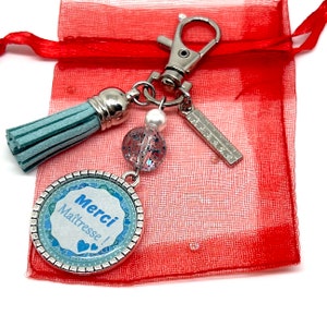 Cadeau idee Meesteres, sleutelhanger tas sieraden Dank u Meesteres, schoolcadeau einde van het schooljaar