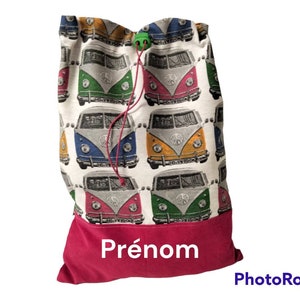 Sac fourre-tout avec combi, van, bus ,  personnalisable pour la crèche, l'ecole, goûter, jouets ou change.