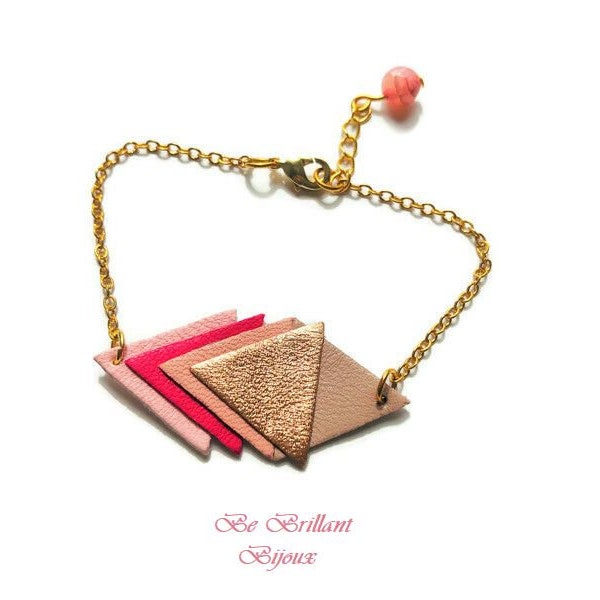 Bracelet en cuir triangle, or rose, rose, rose fuchsia, mauve, bijoux fait main, bijoux cuir femme, géométrique, cadeau pour femme, original