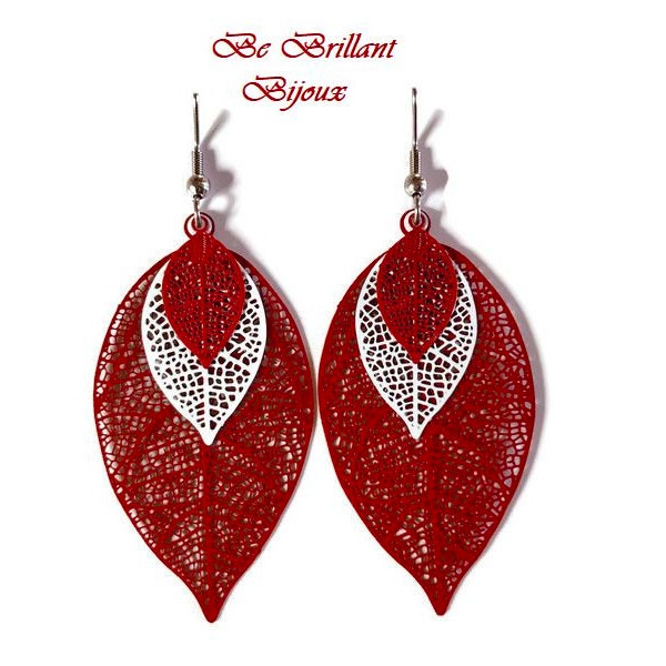 Boucles d'oreilles estampe, feuille rouge, blanc, filigrane, bijoux fait main, bijoux pour femme, accessoire femme, cadeau pour femme