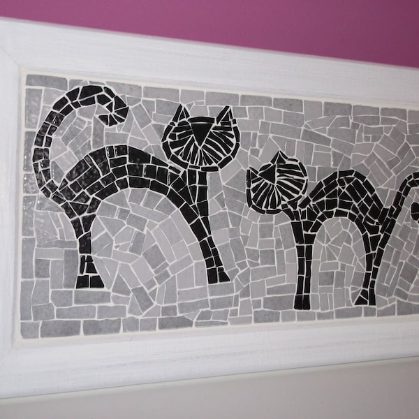 Vide Poche, Décoration Murale "Les Chats" en mosaïque sur support bois