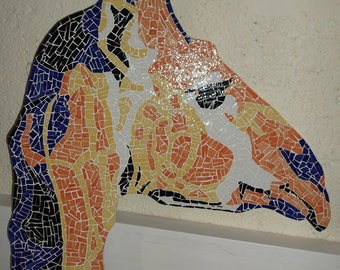 Tête de Girafe Colorée en mosaïque sur support bois artisanale