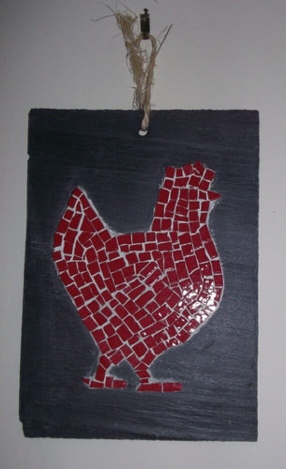 Décoration Murale Poule en Mosaïque sur Support Ardoise