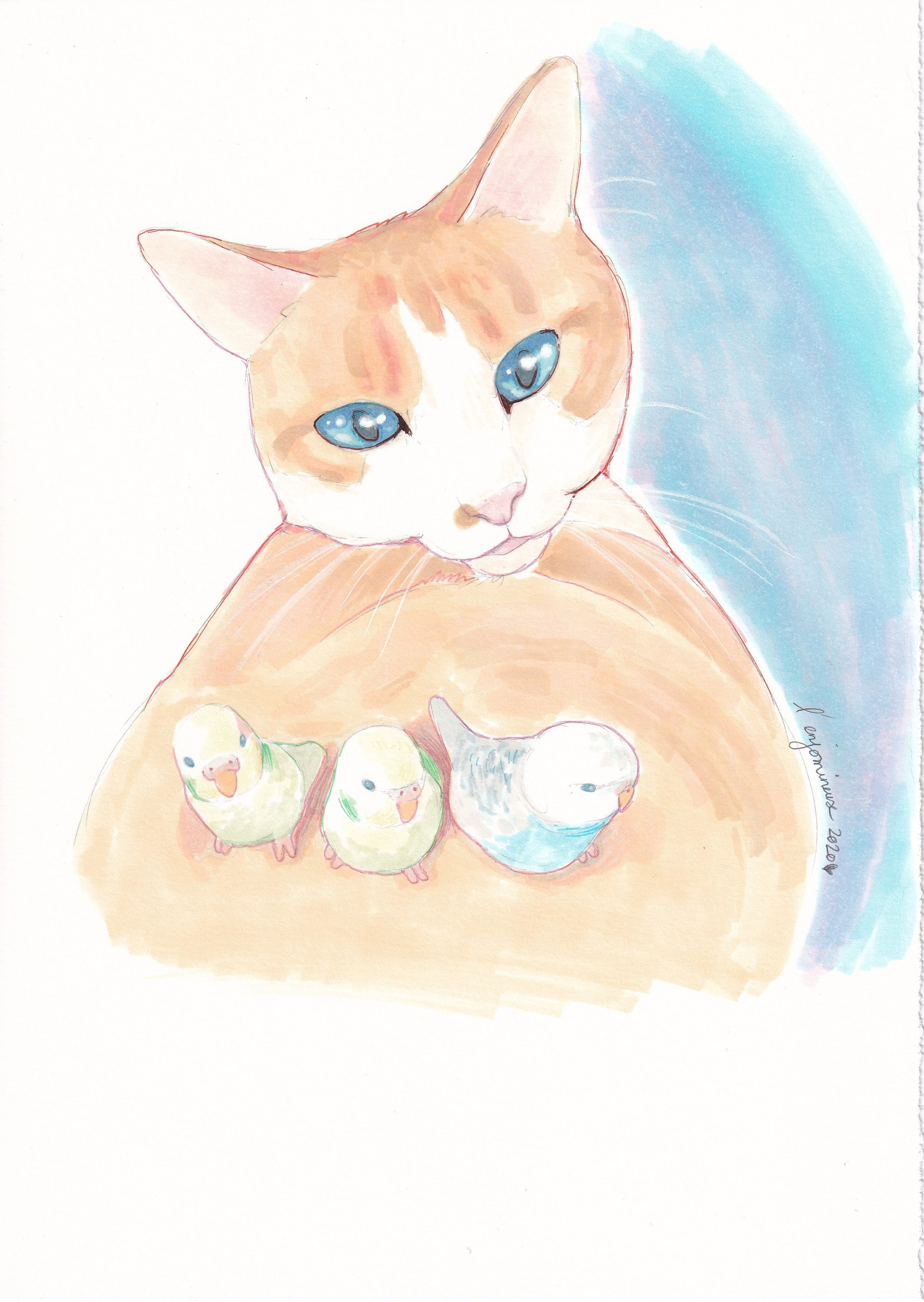 Chat Rouquin avec Ses Trois Amis à L'encre Originale Cadre Prêt Être Accroché/ Offert Par Enjomineus