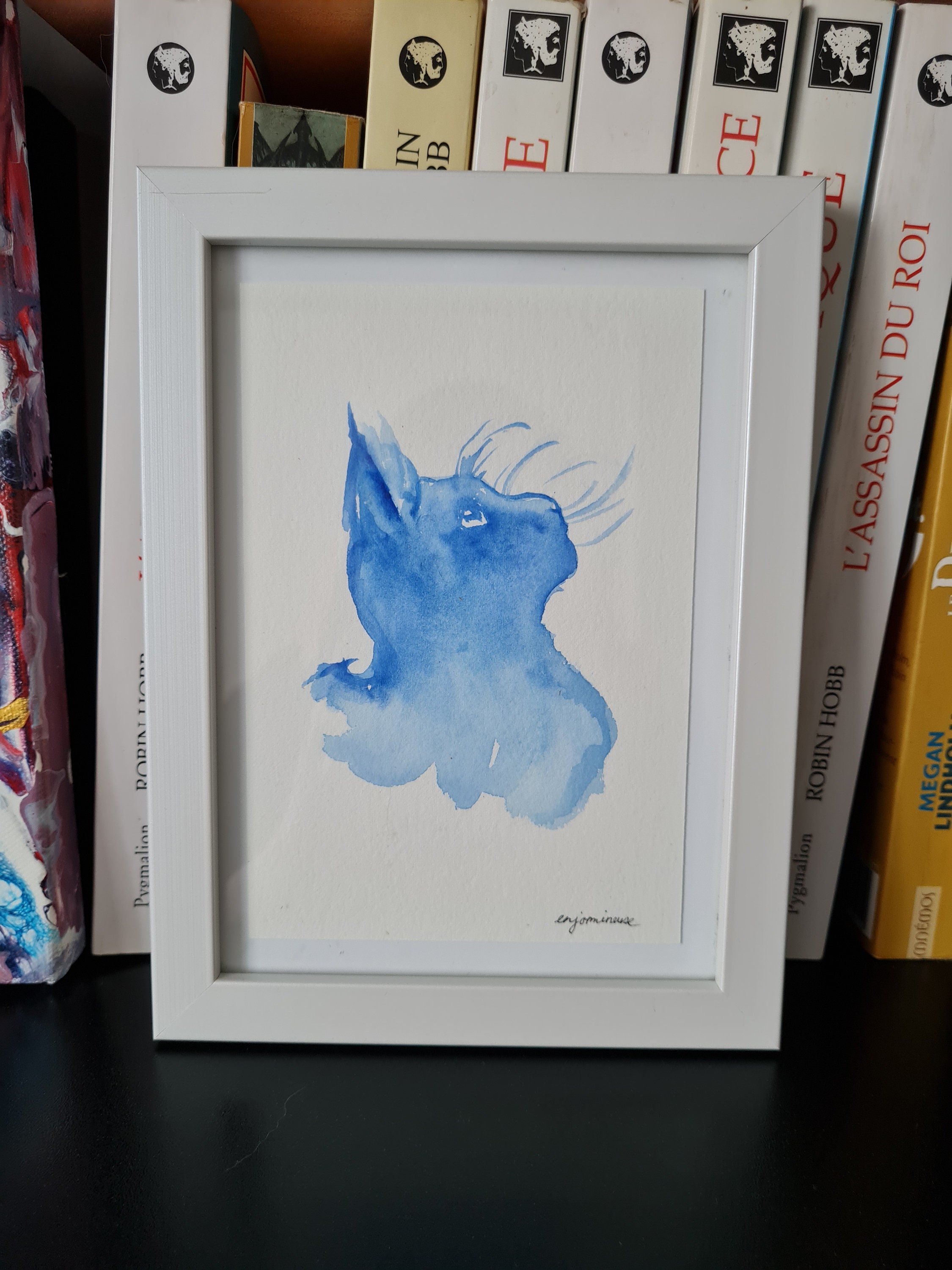 Chat à L'aquarelle avec Cadre Prêt Être Accroché/ Offert