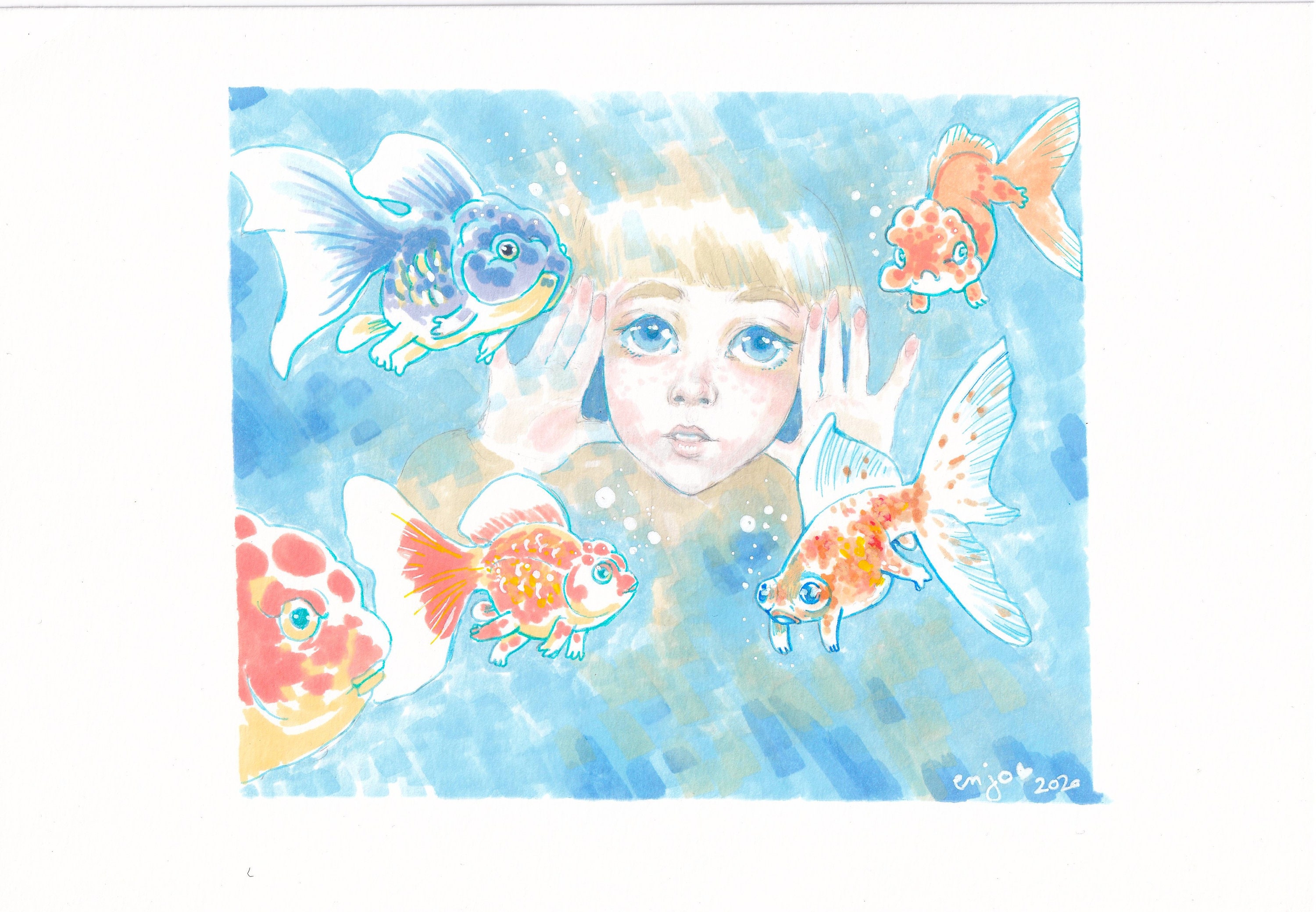 Fishtank à L'encre Originale avec Cadre Prêt Être Accroché/ Offert Par Enjomineuse Artiste Française