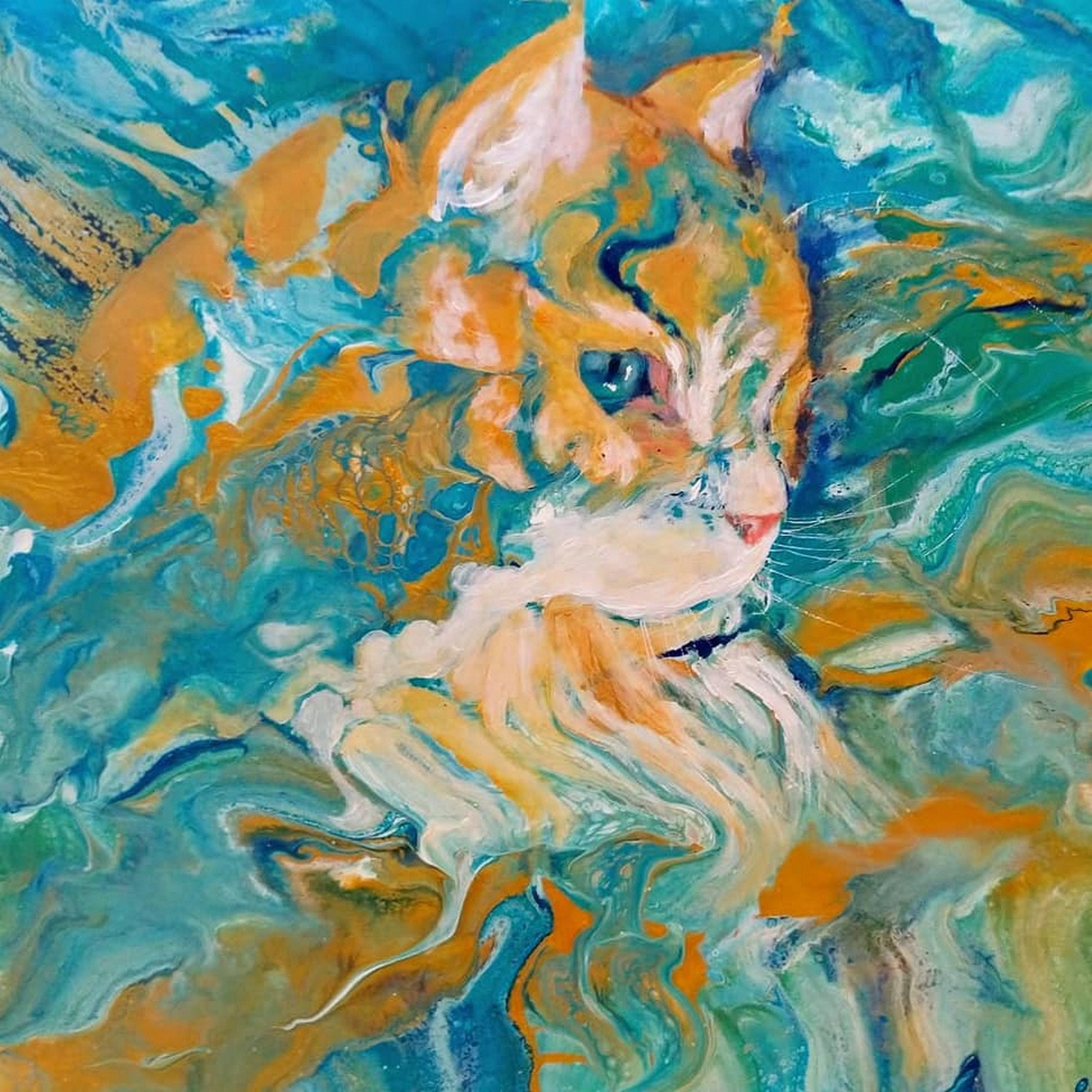 The Golden Cat Acrylique Pouring sur Toile Par L'enjomineuse Tableau Original Artiste Français