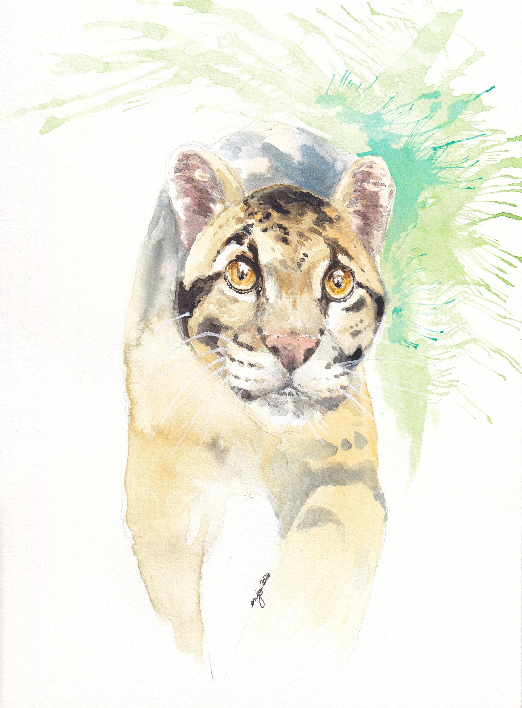 Panthère Nébuleuse à L'aquarelle Originale avec Cadre Prêt Être Accroché/ Offert Par Enjomineuse Art