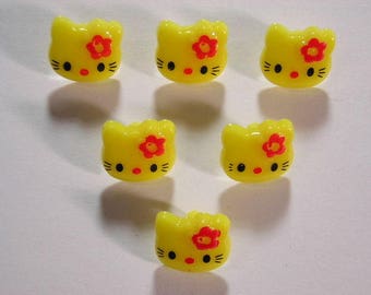 LOT 6 buttons: 13mm yellow Kitty