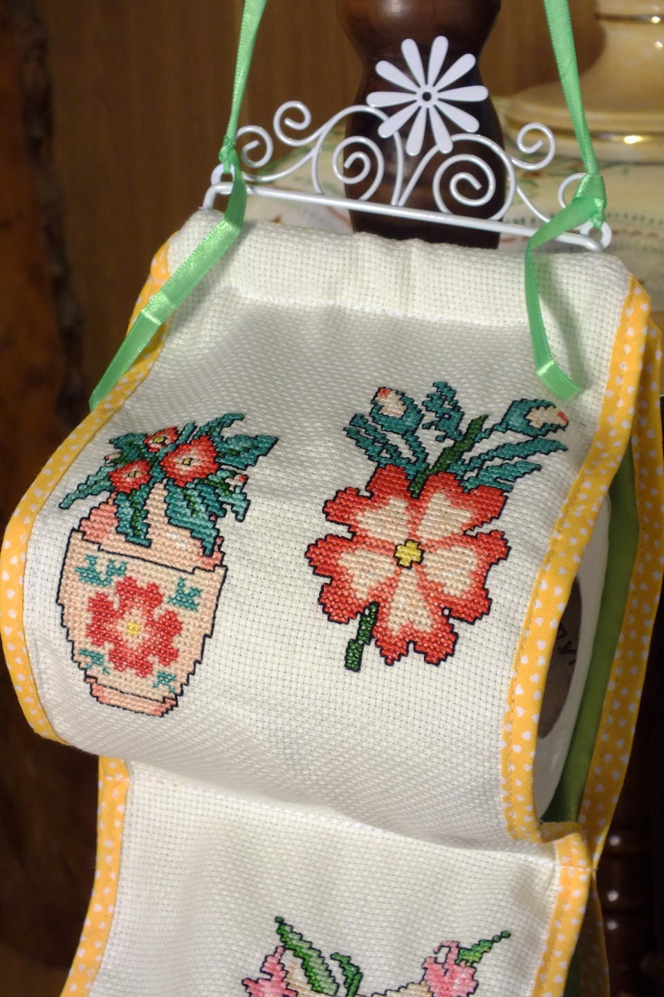 Porte Rouleaux Papier Toilette Brodé Point Croix Jolies Fleurs
