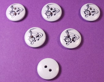 LOT 6 BOUTONS BOIS : rond thème note musique 15mm (03)