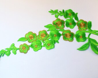 APPLIQUE TISSU THERMOCOLLANT : fleur verte/dorée 260*110mm