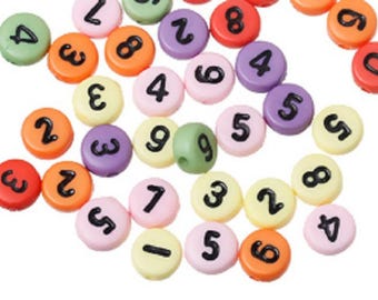 100 perles rondes multicolores avec chiffre noire 7mm