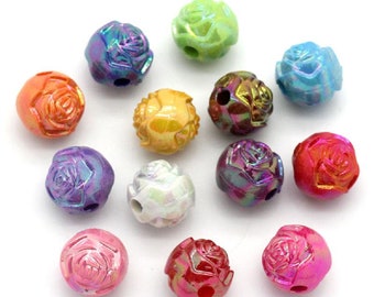 LOT 50 PERLES ACRYLIQUES :  rondes motif roses multicolores 8mm