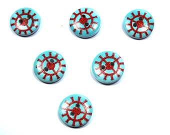 LOT 6 BOUTONS BOIS : rond thème mer motif barre 15mm (64)