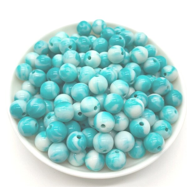 LOT 25 PERLES ACRYLIQUES : rondes marbrées bleu turquoise/blanches 8mm (01)