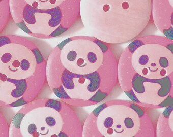 LOT 6 BOUTONS BOIS : rond rose motif panda 15mm