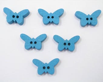 LOT 6 BOUTONS BOIS : papillon bleu 17mm