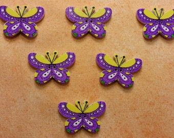 LOT 6 BOUTONS BOIS : papillon violet/jaune 24mm