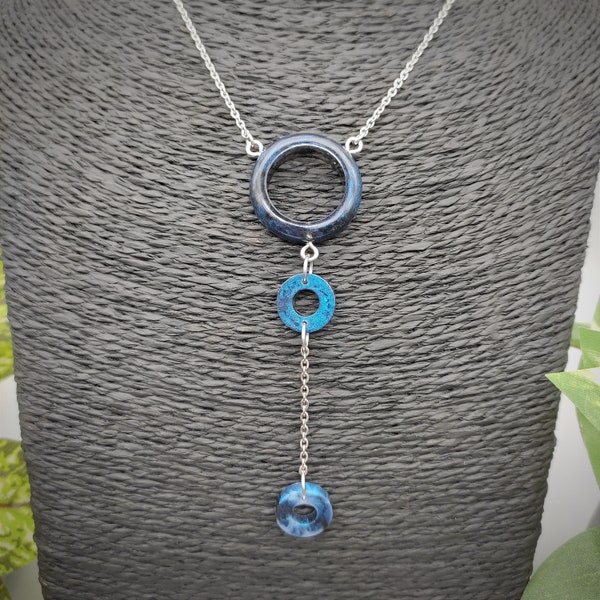 Collier trio de cercles marbré bleu nacré et noir