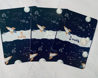 cartão de marco do bebê, cartão de marco, presente de nascimento, bebê, futura mãe, lista de presentes de nascimento, gravidez, tema espacial