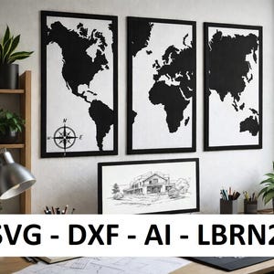 Peut inclure: Trois tableaux noirs et blancs représentant une carte du monde, encadrés de noir, accrochés à un mur blanc. Le premier panneau présente une rose des vents. Un écran d'ordinateur affiche un croquis de maison. Le texte "SVG - DXF - AI - LBRN2" est visible.