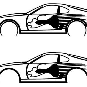 Peut inclure: Deux dessins au trait noir et blanc d'une voiture de sport avec un motif de flamme sur le côté. La voiture est un coupé avec un aileron à l'arrière.