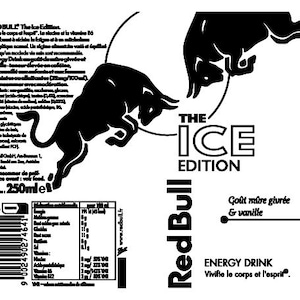Peut inclure: Étiquette noire et blanche de Red Bull The Ice Edition. Comprend un graphique de taureau bondissant, des informations sur le produit et le texte "ENERGY DRINK Vivifie le corps et l'esprit."