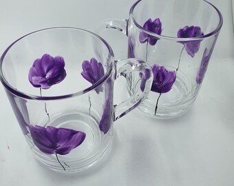 Duo de mugs en verre peint coquelicots