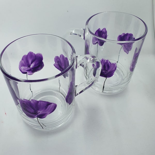 Duo de mugs en verre peint coquelicots