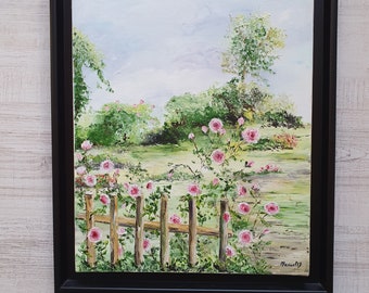 Tableau jardin anglais  la barrière aux roses  peinture à l'huile au couteau french painting