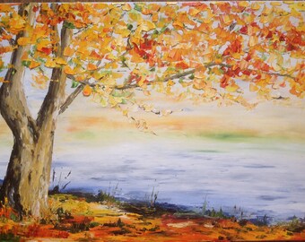 Tableau un arbre en automne peinture à l'huile au couteau   Made in Normandie    Au bord de la rivière